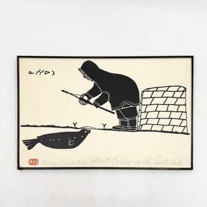 Vintage Inuit Print “Eskimo at the Seal Hole” by Henry Napartuk, Signed